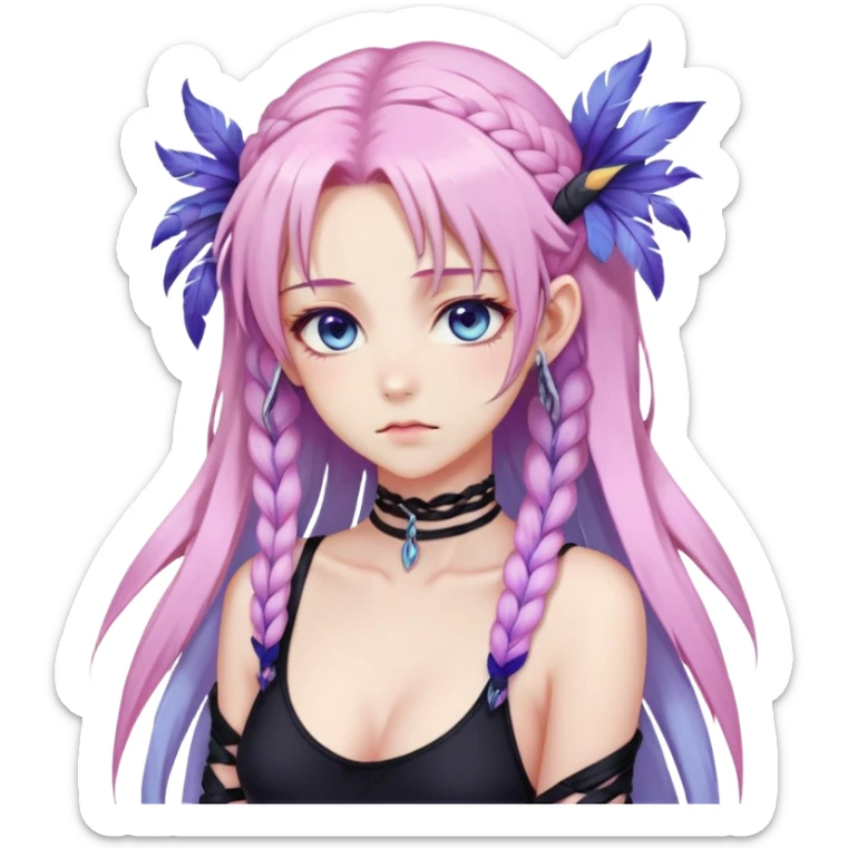 Gorgeous beautiful pretty grumpy anime lady long-pale-whitish-pastel-pink-hair with one braid on each side, hanging gradient-purple-pink feather-ear-cuffs on each side in hair, black bodysuit covering neck, blue eyes, pink iris, ethereal, fashion aesthetic  sticker