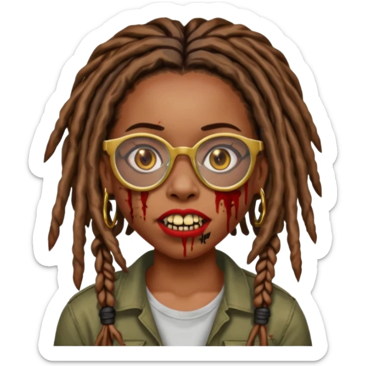 an african american girl with mid back length dread locs black glasses scar on the right side of face its like a red brown line im gold grills zombie mouth locs upfront sticker