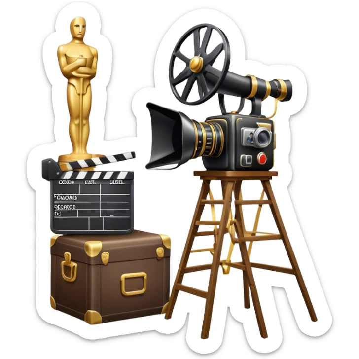 Icon for Directing: a director's chair, a large film camera, a megaphone, a stage set with lights and an Oscar statuette. The icon should represent the creative and leadership aspects of directing, with focus on film and theater production. Transparent background. sticker