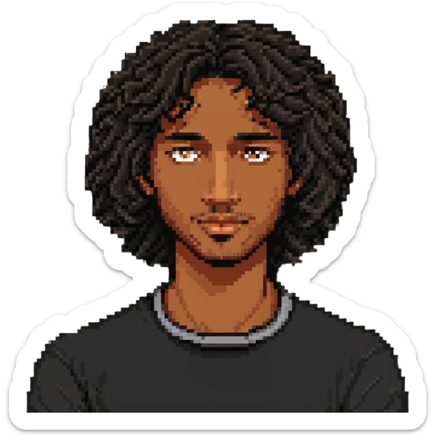 brown-skinned man with black curly mid-length hair, relaxed face, eyes slightly open, pixel art style sticker