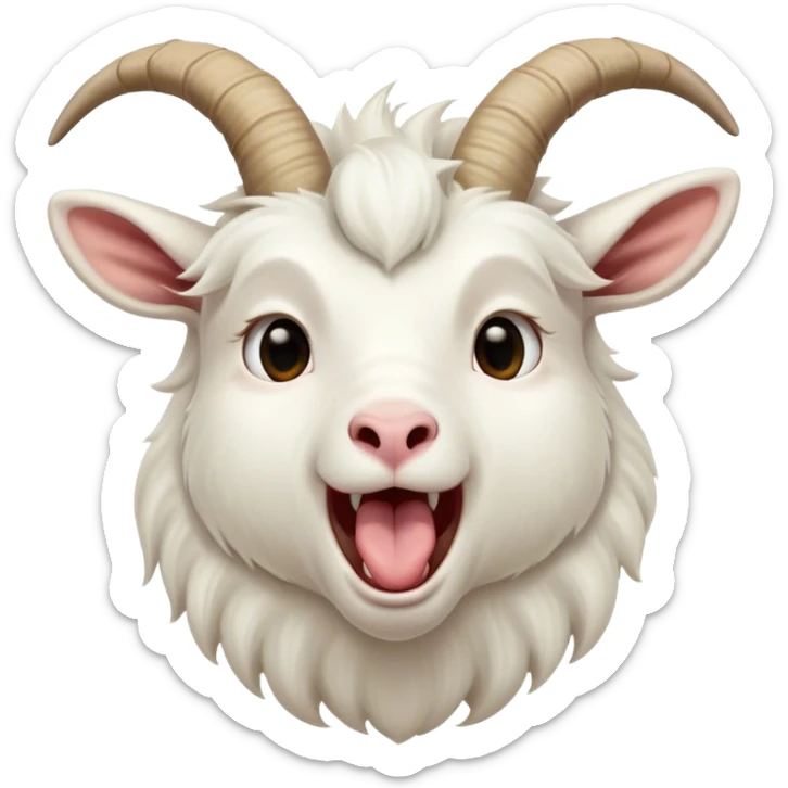 Cinematic Cute Yawning White Goat Portrait Emoji, Head tilted slightly with a dramatic, wide-open yawn, showcasing a soft, downy white fur with delicate horns and gently drooping ears, round eyes barely open in drowsy contentment, Simplified yet irresistibly adorable features, highly detailed, glowing with a soft, cozy glow, high shine, relaxed yet expressive, stylized with a touch of whimsy, bright and endearing, soft glowing outline, capturing the essence of a sleepy yet affectionate goat, so drowsy it feels like it could stretch out of the screen and curl up for a nap! sticker