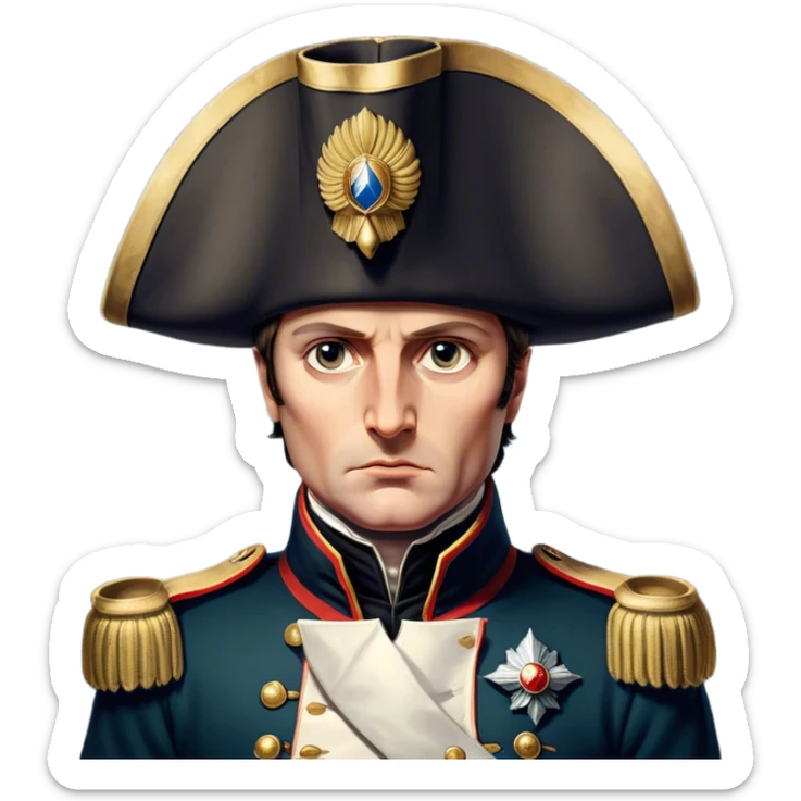 Cinematic Realistic Napoleon Bonaparte Portrait Emoji, depicted as a commanding military leader with a determined gaze and iconic bicorne hat, rendered with dramatic textures and bold historical lighting that captures his imperial legacy. sticker