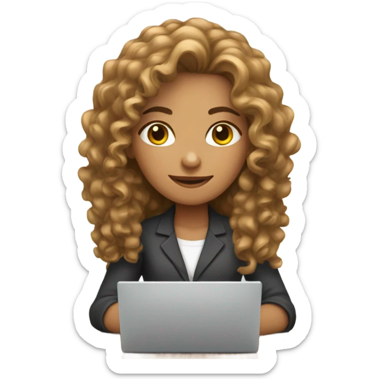 A girl with a curly brown long hair  on laptop working professional  sticker