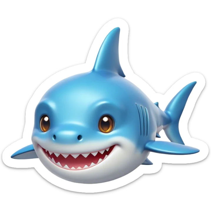 Cinematic Cute Shark Portrait Emoji, Head tilted playfully and inquisitively, featuring a glossy, streamlined body with a subtle shimmering hue and round, sparkling eyes filled with curious charm, Simplified yet irresistibly adorable features, highly detailed, glowing with a warm, friendly glow, high shine, affectionate and sleek, stylized with a touch of marine whimsy, bright and endearing, soft glowing outline, capturing the essence of a mischievous yet loving shark, so playful it feels like it could swim out of the screen into your arms! sticker
