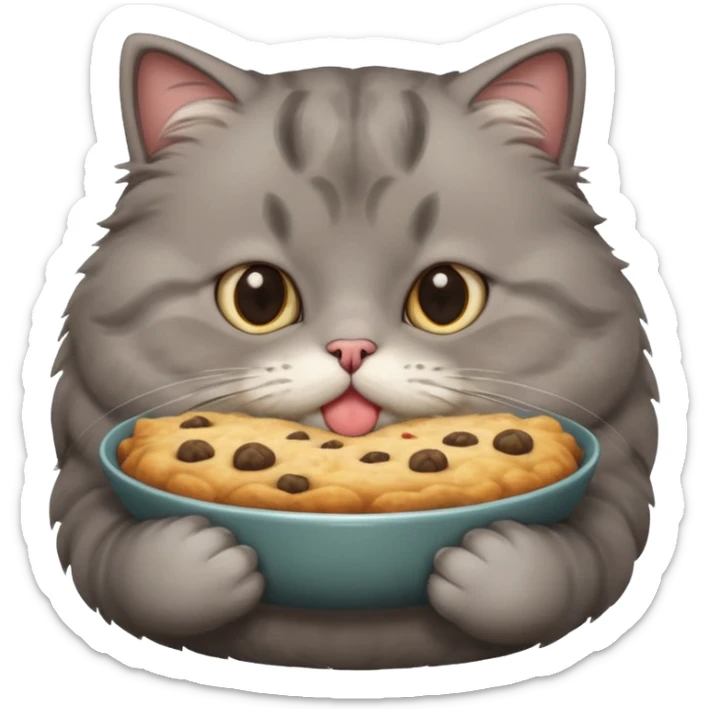 Gray cute cat eating food with cheeks full fat very very fat  sticker