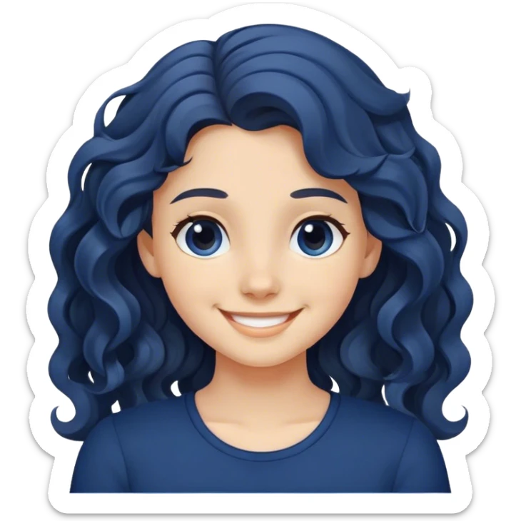 a young girl with wavy hair and a dark blue top smiling sticker