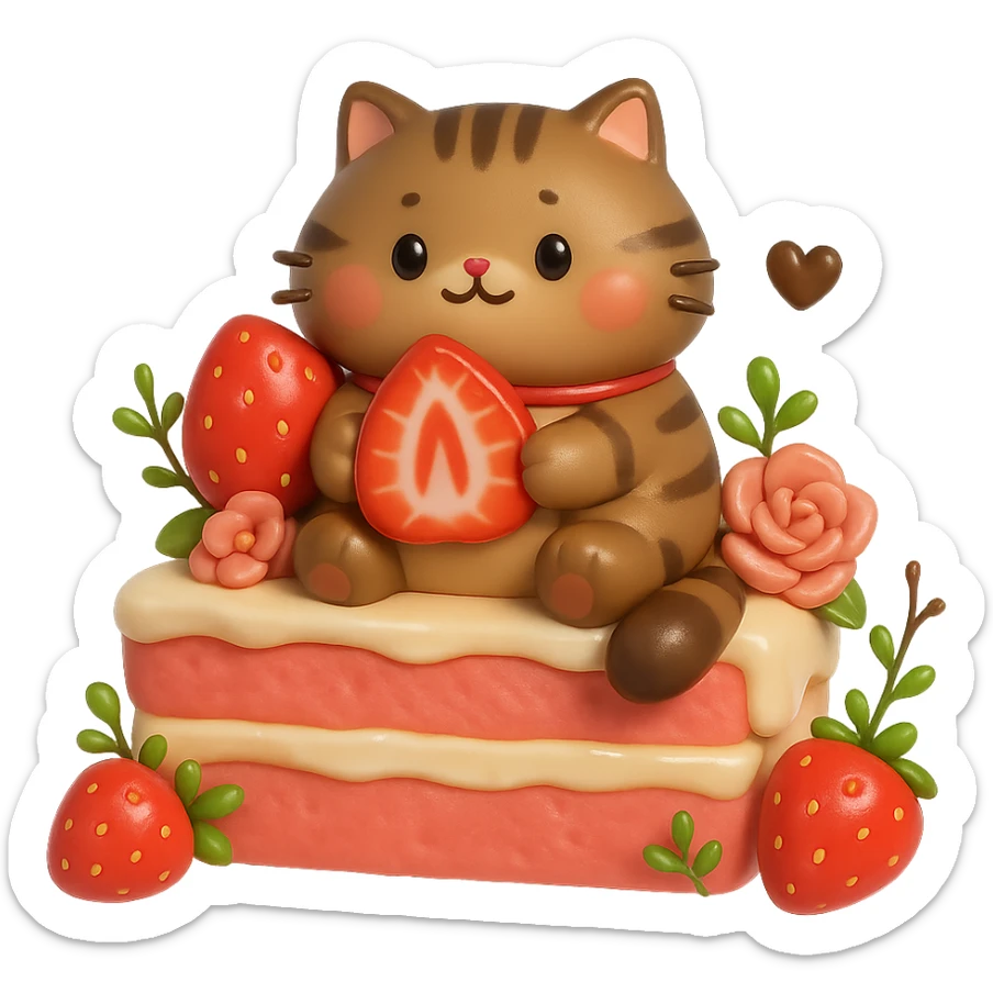 Create a 3D iOS-style illustration of a cute tabby cat sitting on a strawberry cake, holding a strawberry slice, surrounded by strawberries and flowers. Use soft lighting and a glossy effect. The style should resemble GPT Image style. No background (transparent). sticker
