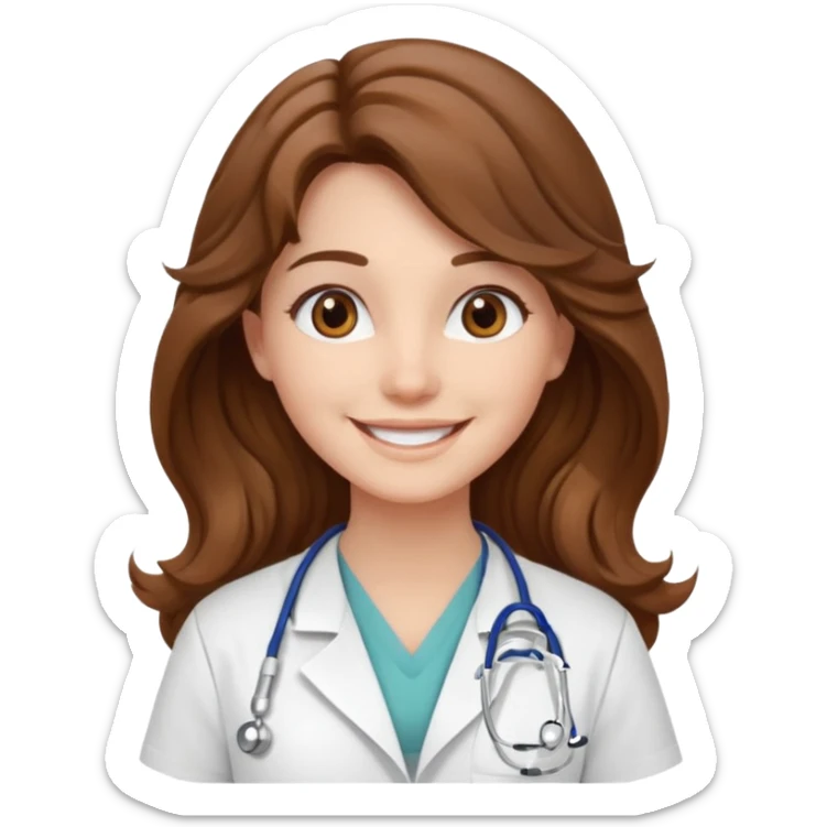 young woman, brown long wavy hair, medical white clothes, friendly, front view, smiling sticker