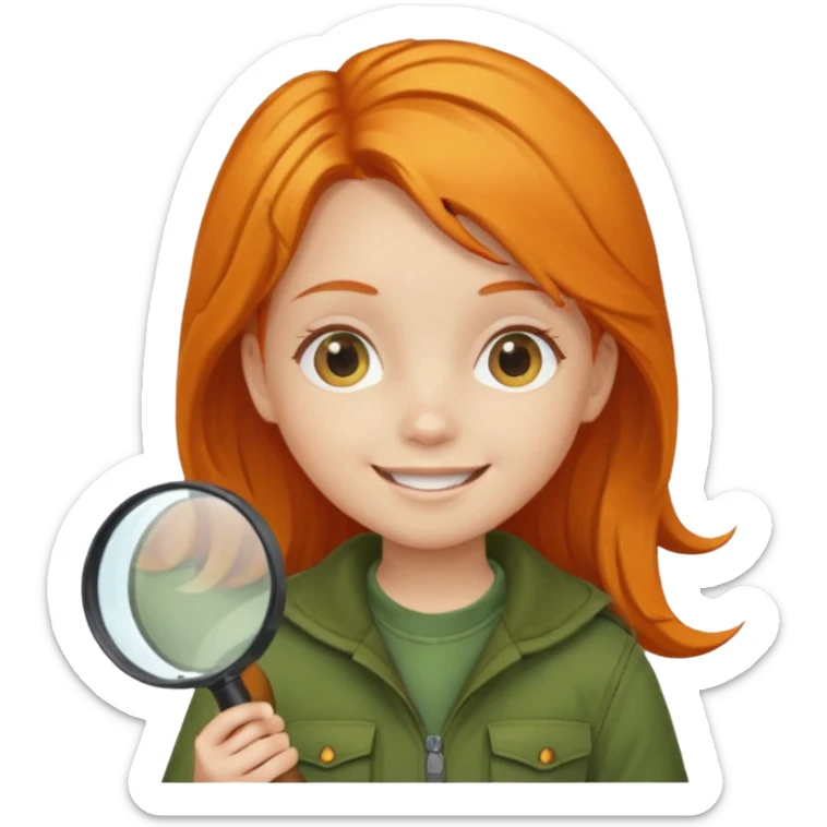 braid orange haired girl kid in moss green explorer outfit, holding magnifying glass, smile sticker