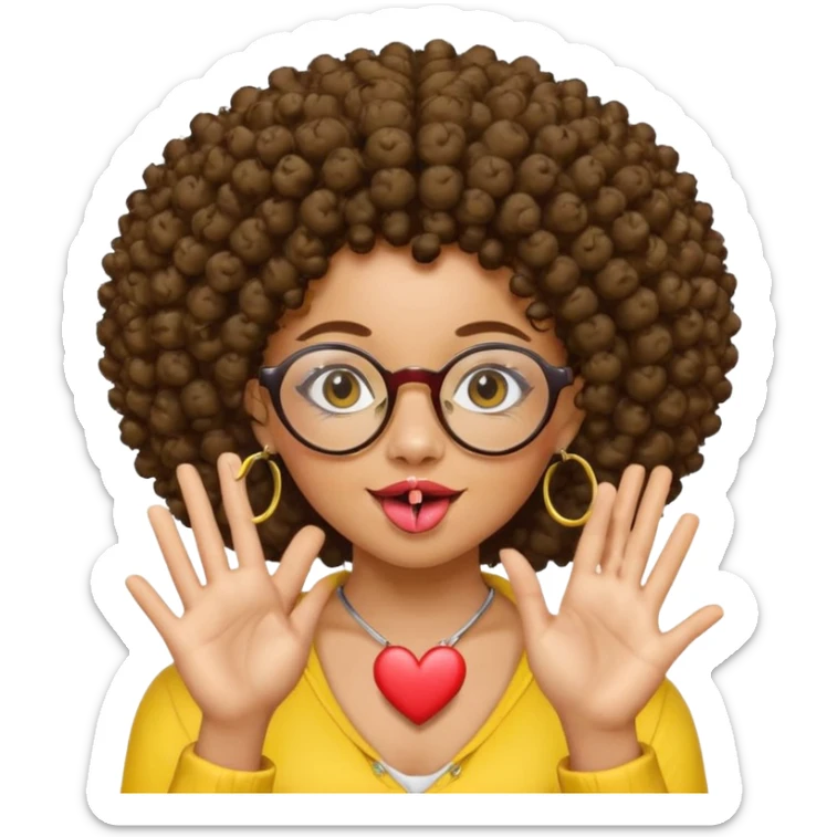 chica con piel morena, cabello rizado afro, vestida de amarillo, con candongas y  que use lentes, saque la lengua, y mientras hace un corazón con las manos sticker
