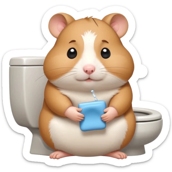Cute chubby cartoon-style hamster sitting on toilet looking as if he had an accident, sticker-style illustration sticker