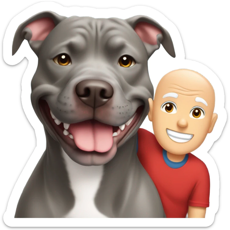 large gray male pit bull smiling and hugging bald white mature man no beard blue eyes with red tshirt sticker