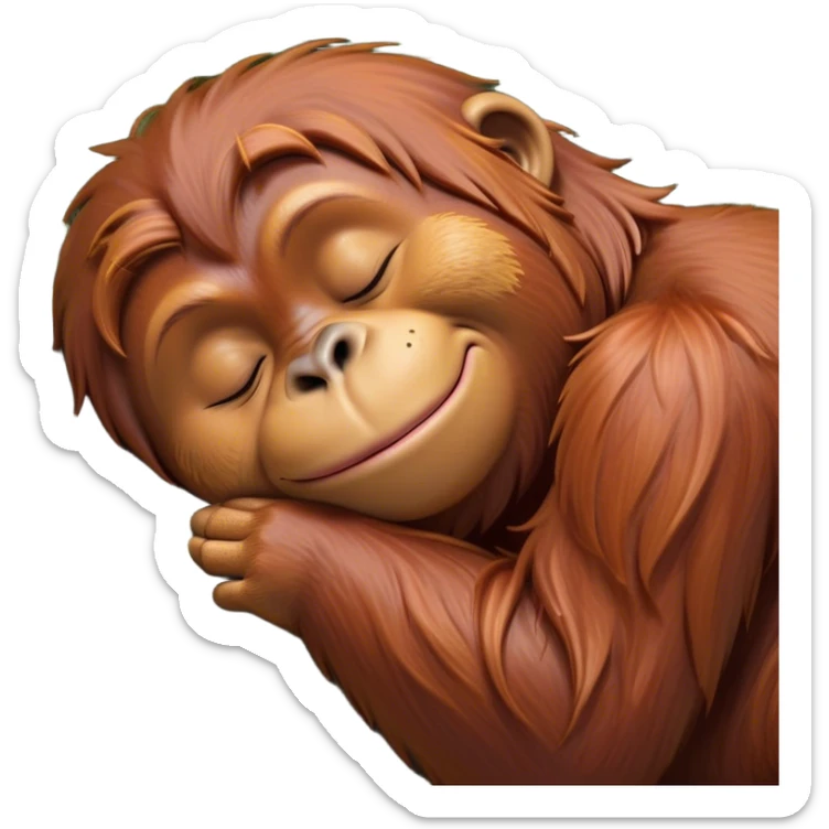 Meme-Worthy cute Sleeping Orangutan Portrait Emoji, Head resting peacefully with a contented smile, showcasing luxuriously soft fur and eyes gently closed in serene slumber, Simplified yet comically adorable features, highly detailed, glowing with a soft, drowsy jungle light, high shine, relaxed and utterly lovable, stylized with an air of playful laziness, bright and heartwarming, soft glowing outline, capturing the essence of a sleeping orangutan that feels destined to become the next viral icon of adorable rest! sticker