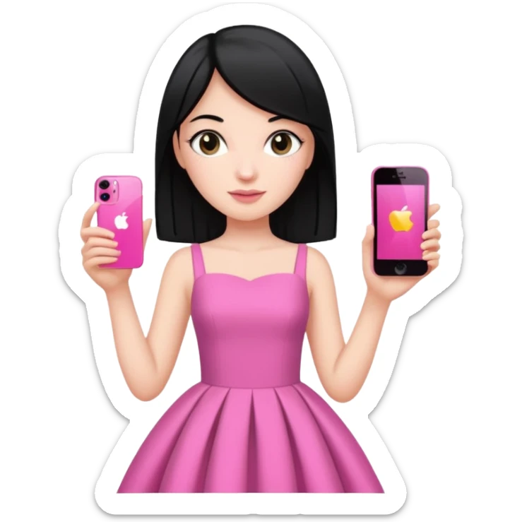 chica blanca con pelo negro liso sosteniendo con una sola mano un celula iphone 13 rosa, con vestimenta d salir de fiesta sticker