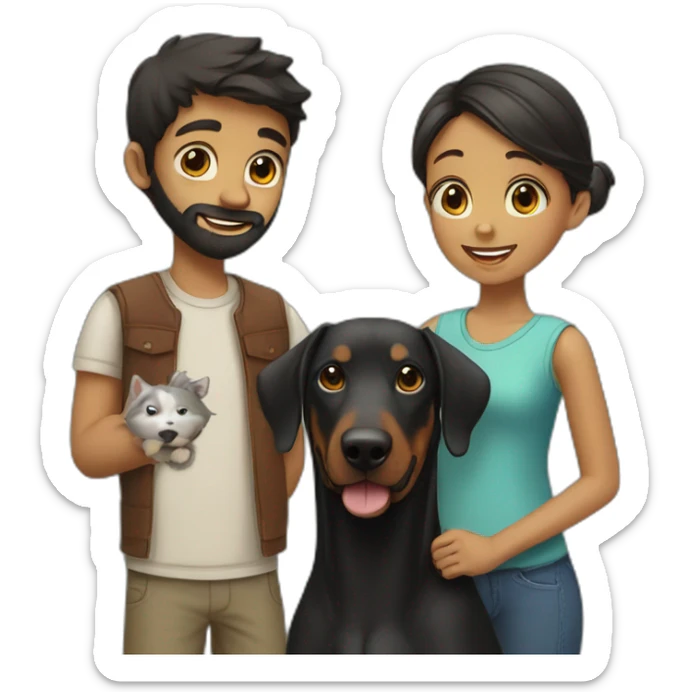 A boy with beard and with a beautiful girl playing with a boy Doberman dog sticker