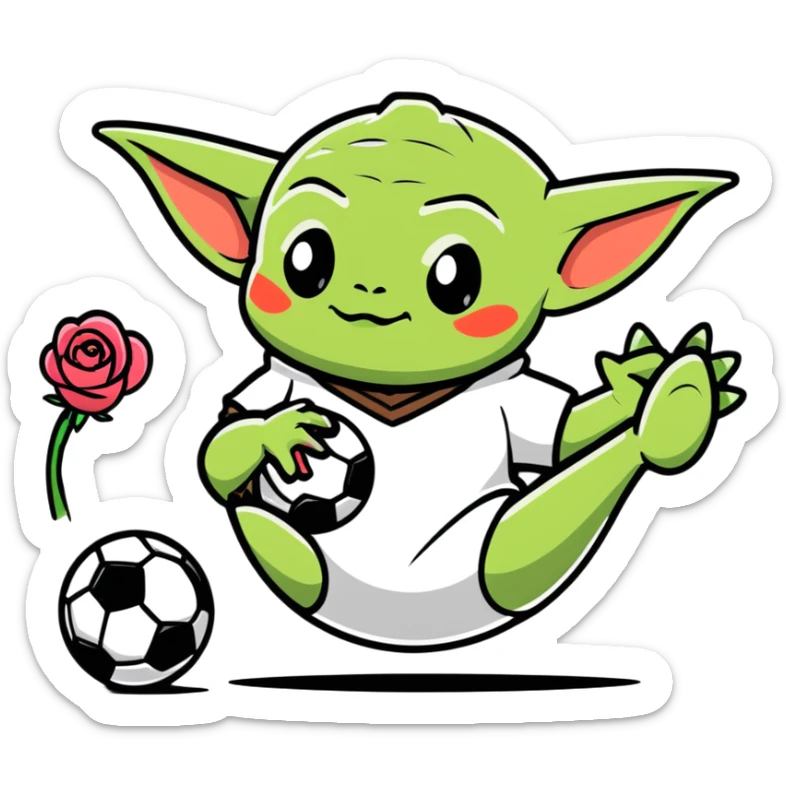 baby Yoda kicking a soccer ball with small roses beside him sticker