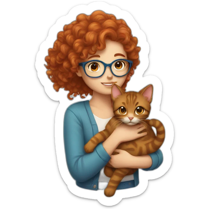 a pretty girl with curly copper hair and blue glasses hugging a cat sticker