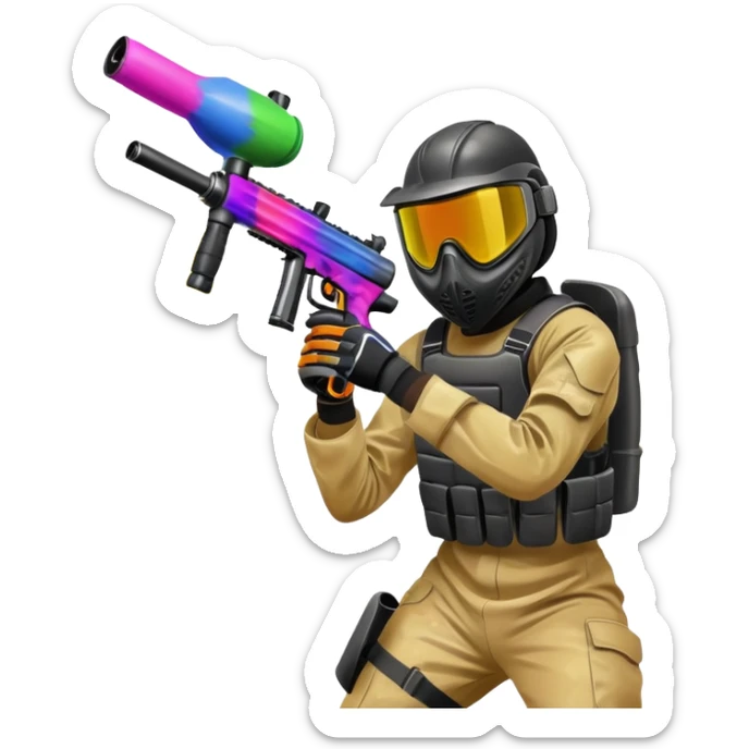 A dynamic scene of a player in action, holding a paintball gun and wearing protective gear. The background shows a vibrant paintball field with obstacles, colorful splatters of paint in the air, and an intense, competitive atmosphere. sticker