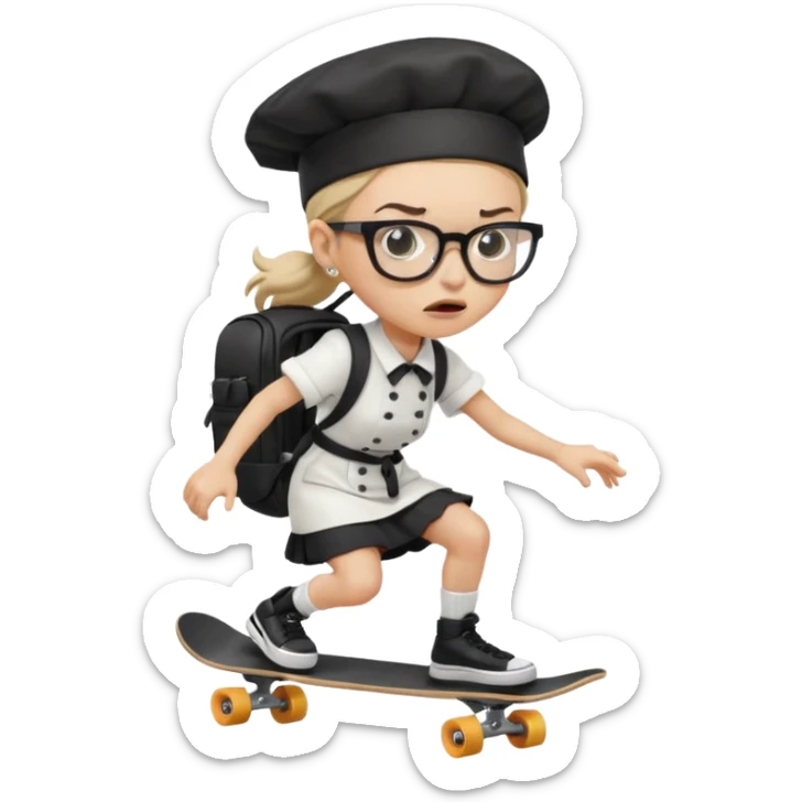 ["An angry woman with light skin, ponytail, wearing a chef hat and square glasses, dressed in goth fashion, is skateboarding while holding a backpack."] sticker