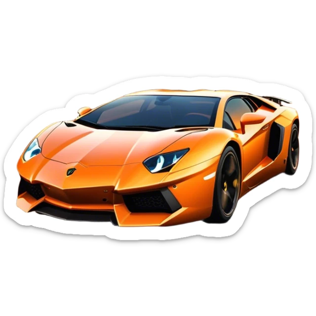 Lamborghini Aventador driving down the street, headlights blazing. The sky glows in warm sunset hues, reflecting off the sleek car. Motion blur emphasizes speed, with palm trees and city lights in the background. Transparent background. sticker