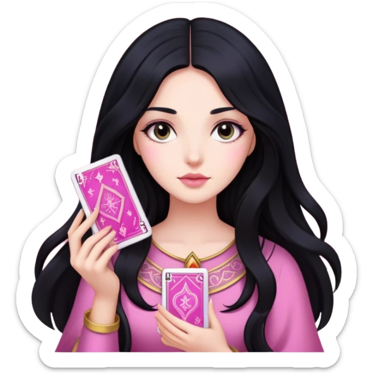 long black hair girl with pink tarot cards sticker