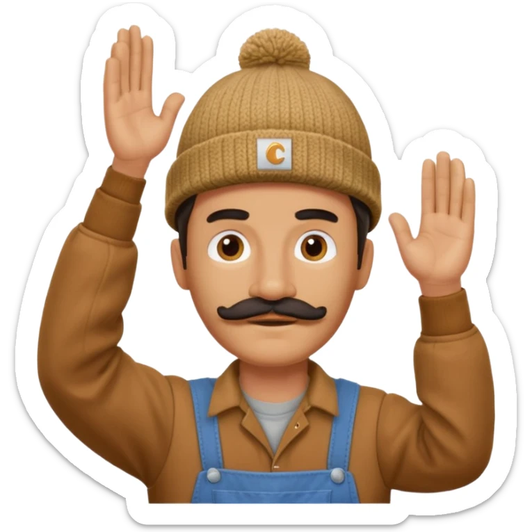 Woodworker thick straight mustache knit cap Carhartt shirt, one hand raised above head small eyes sticker