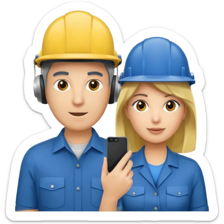 Um homem e uma mulher amarelos com capacete azul escuro e camisa social cinza. Um deles deve estar segurando um megafone  sticker