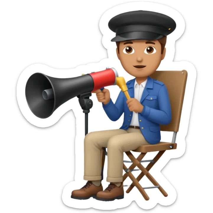 director man with a megaphone, wearing a director's hat, on a director's chair sticker