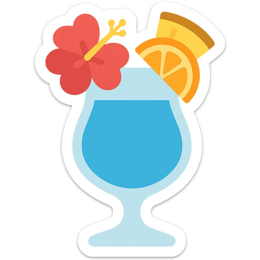 vibrant tropical fruity blue cocktail with hibiscus, pineapple and orange garnishes sticker