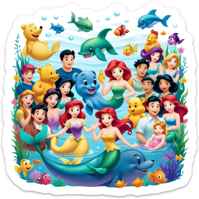 Icon for Animated Characters: A colorful, large-scale collage of beloved cartoon characters, including Franco, Mickey Mouse, Winnie-the-Pooh, Ariel the Little Mermaid, Jasmine and others. Bright and vibrant, full of whimsical charm. Transparent background. sticker