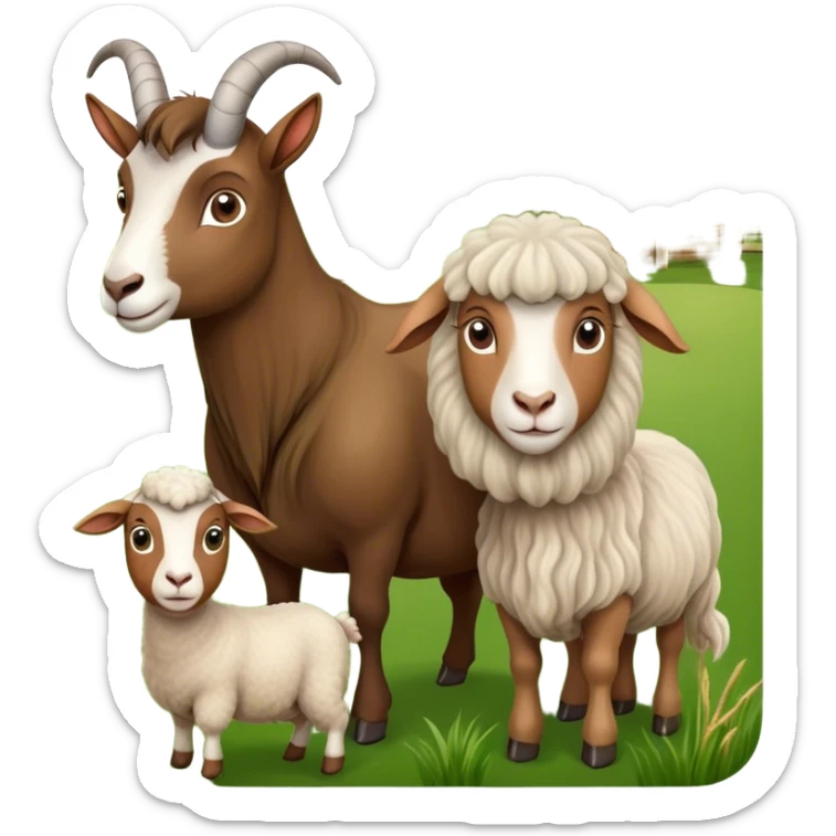 Icon for Domestic Hooved Animals: A gentle collage featuring a brown goat with large, curious eyes, a calm sheep with soft wool and a horse with a flowing mane. Background with a green pasture and a few hay bales. Transparent background. sticker