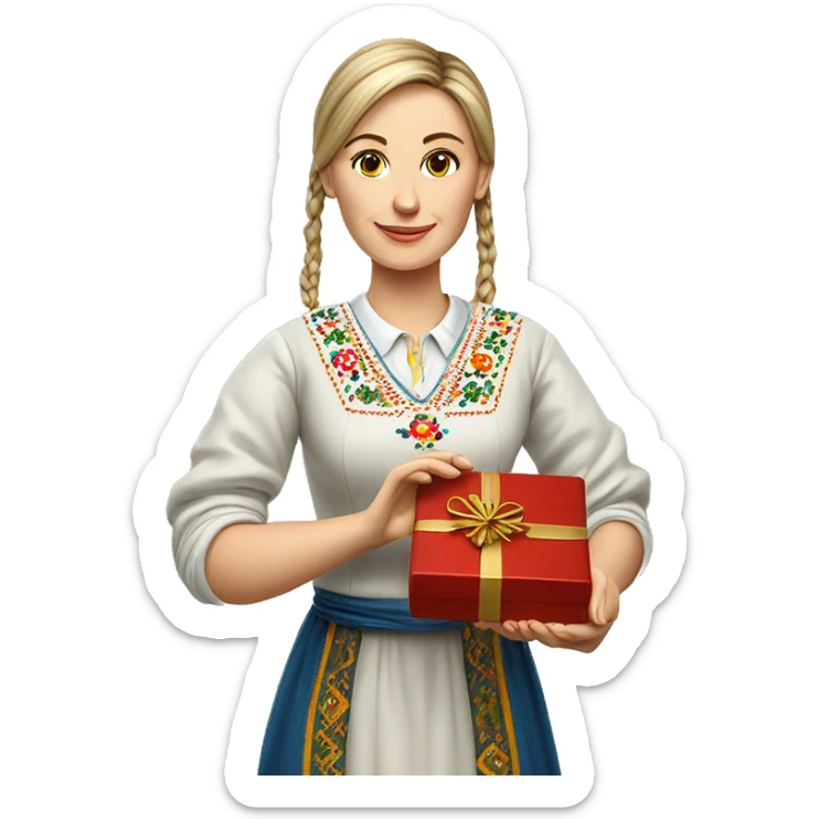 A female teacher in Ukrainian embroidery holds a gift in her hand sticker