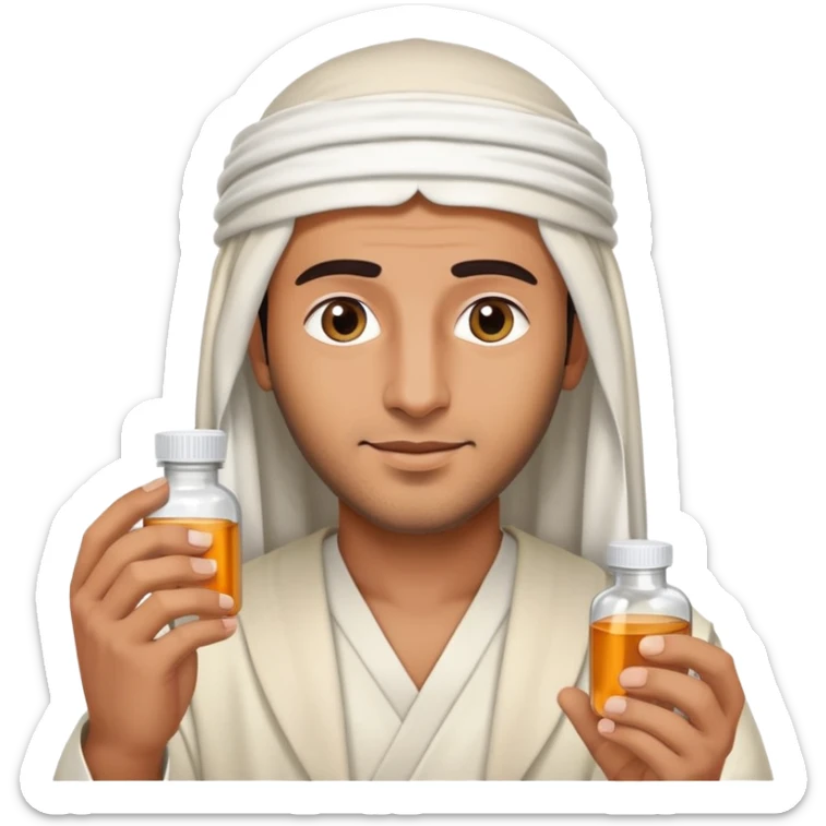 Arab man wearing traditional headdress holding medicine bottle or pill sticker