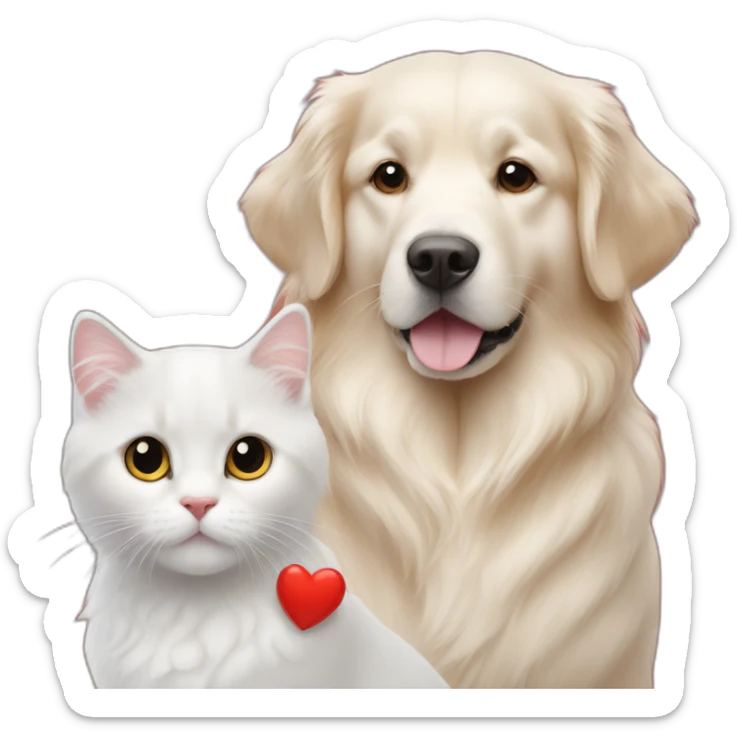 A Golden retriever, a white cat, and a gray cat in a red heart sticker
