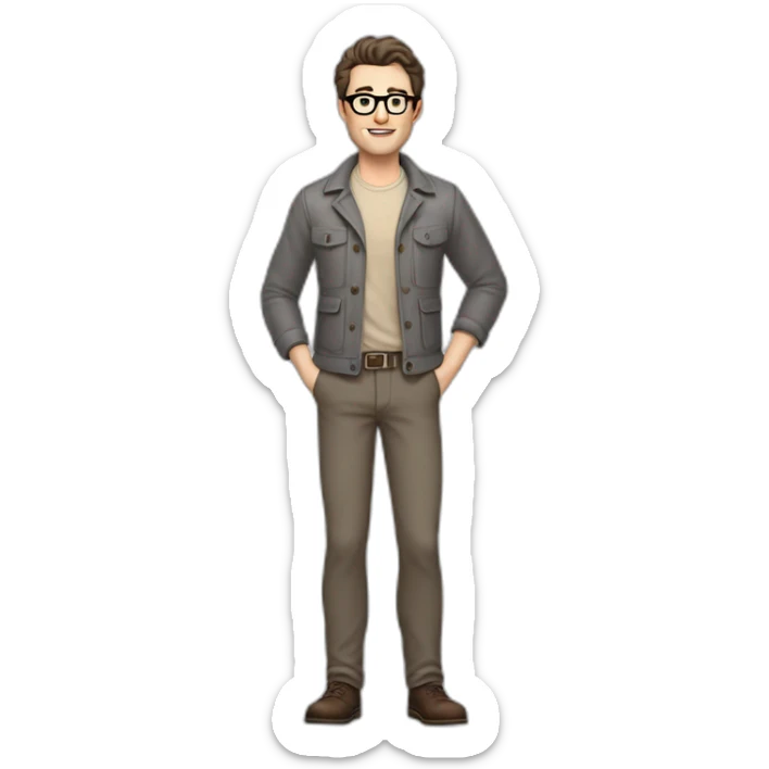 Full height Pale skinned Fit Man With dark brown hair in gray jacket, beige office shirt, gray vest, Brown pants and vintage glasses. Thrumbs of his palms directed up sticker