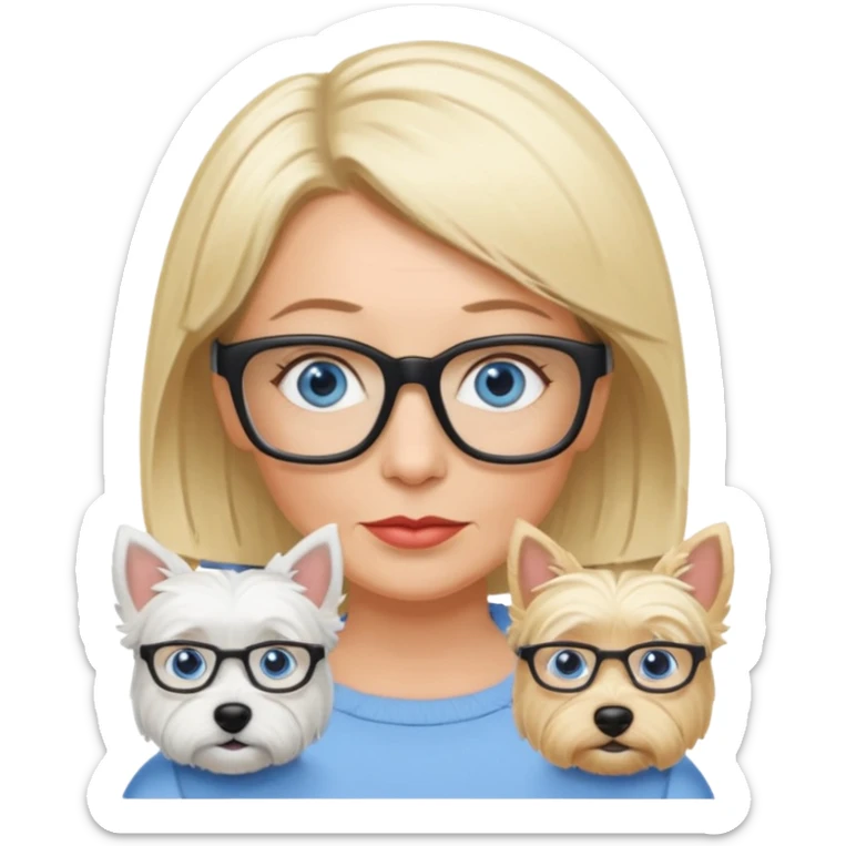 white woman blue eyes glasses middle aged blonde bob funny with westie sticker