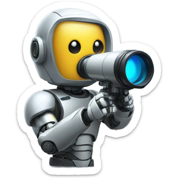 Secret half man half robot agent with a spyglass reviewing multicolor lines of code sticker