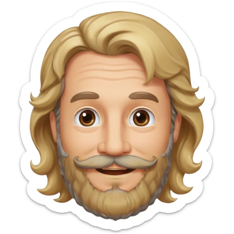 MID AGE MAN WITH LONG BLOND & bROWN WAVY HAIR; AND BROWN & GREY MOUSTACH AND BEARD, HAPPY EYES, ROSEY CHEEKS sticker