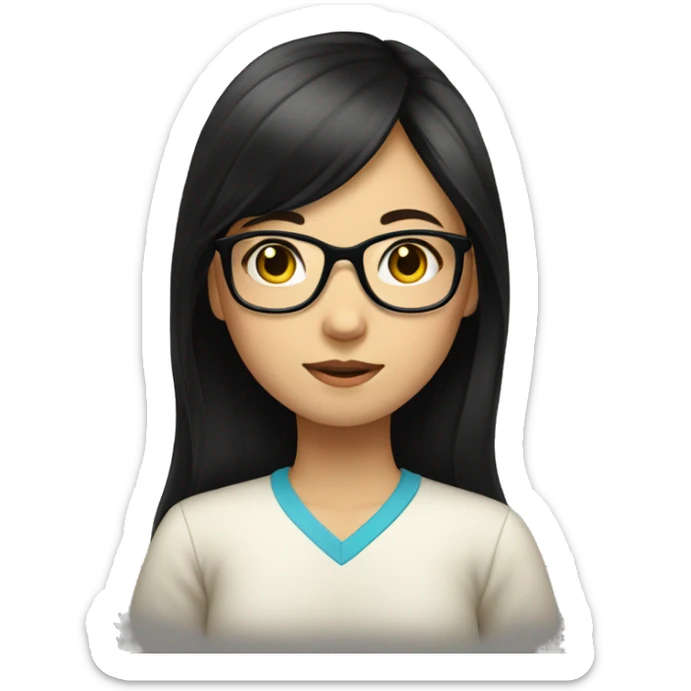 Asian girl with long black hair and glasses studying sticker