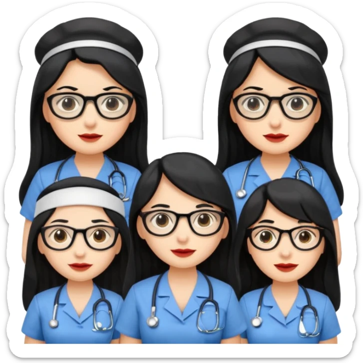 Genera emogis de 4 cuatro enfermeras de cabello negro largo, entre ellas que una tenga lentes y otra un lunar encima de los labios sticker