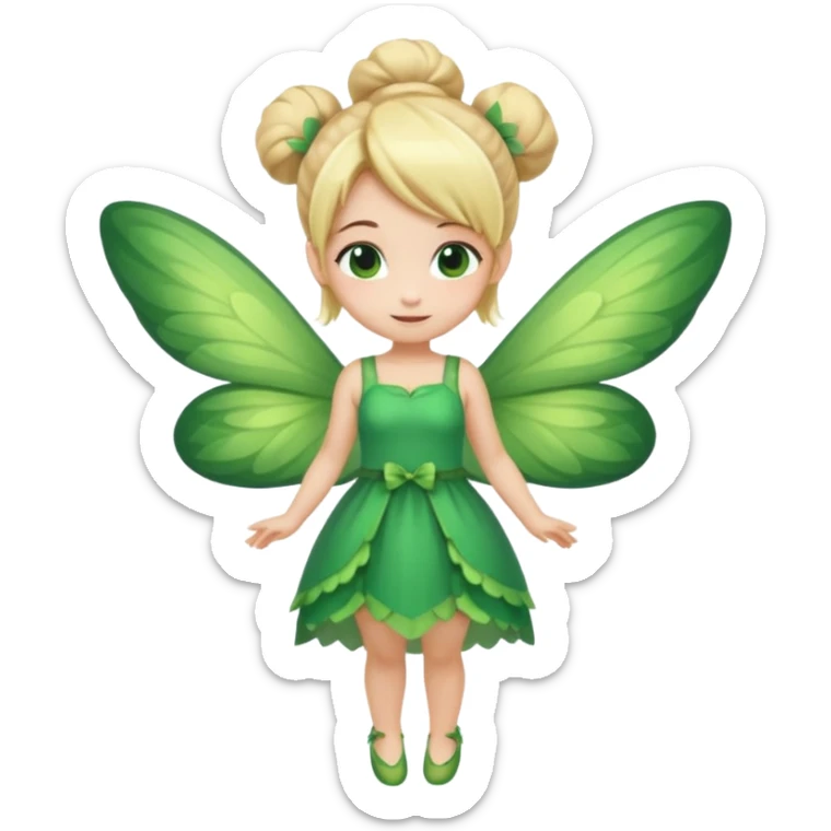 fairy with bun blonde hair, green wings, happy, chibi full body sticker