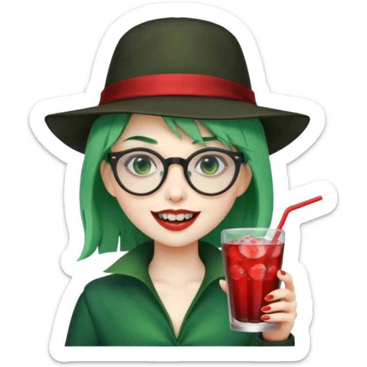 vampire green hair Drink holders with hat, wearing glasses, female,,teeth looks like vampire sticker
