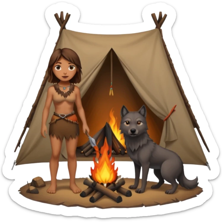 a NEANDERTHAL WOMAN WITH BROWN HAIR STANDING BY A FIRE AND TENT WITH BLACK WOLF sticker