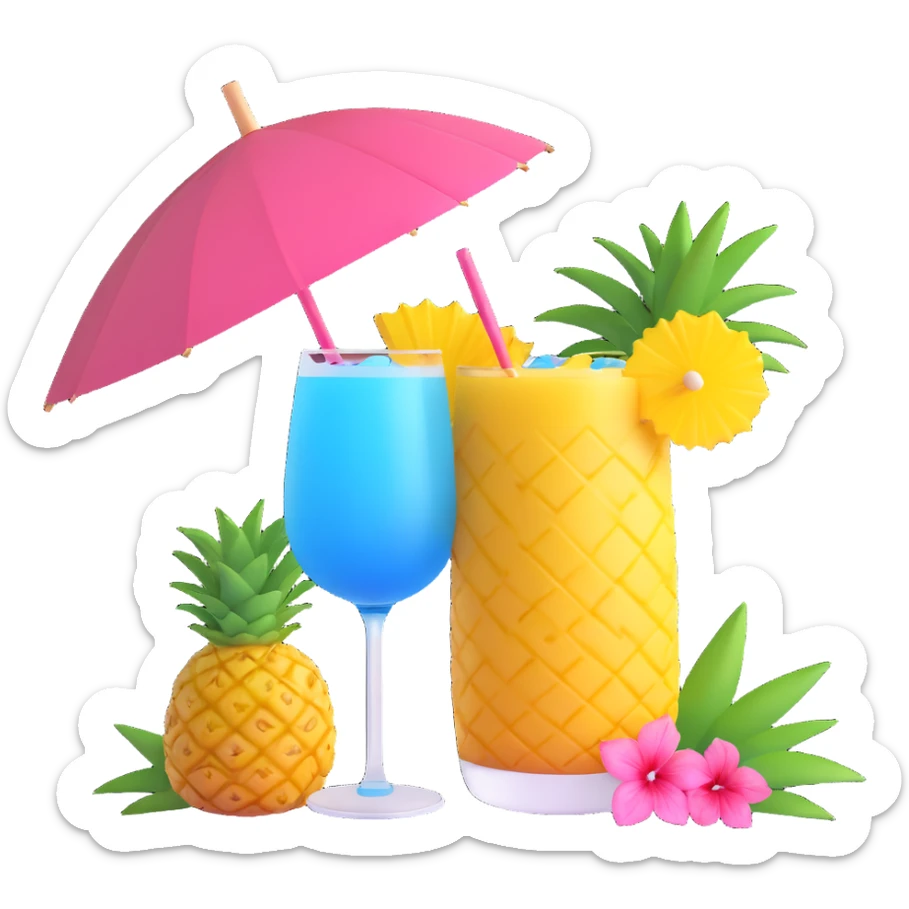 a pineapple and a vibrant tropical fruity blue cocktail with hibiscus, pineapple slice, and paper umbrella garnish sticker