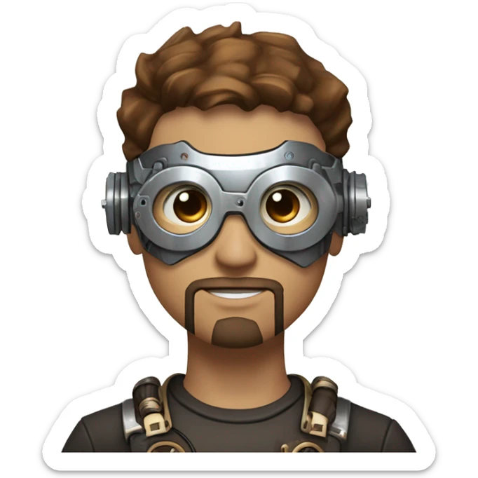 male cyborg head with brown short hair, brown beard, silver steampunk goggles and circuits sticker