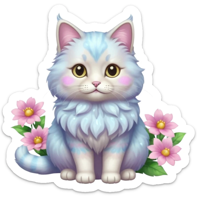 Pastel colorful shiny ethereal elegant pretty beautiful realistic furry fluffy cute glossy glittery cat with flowers and pastel colors aesthetic (full body) sticker