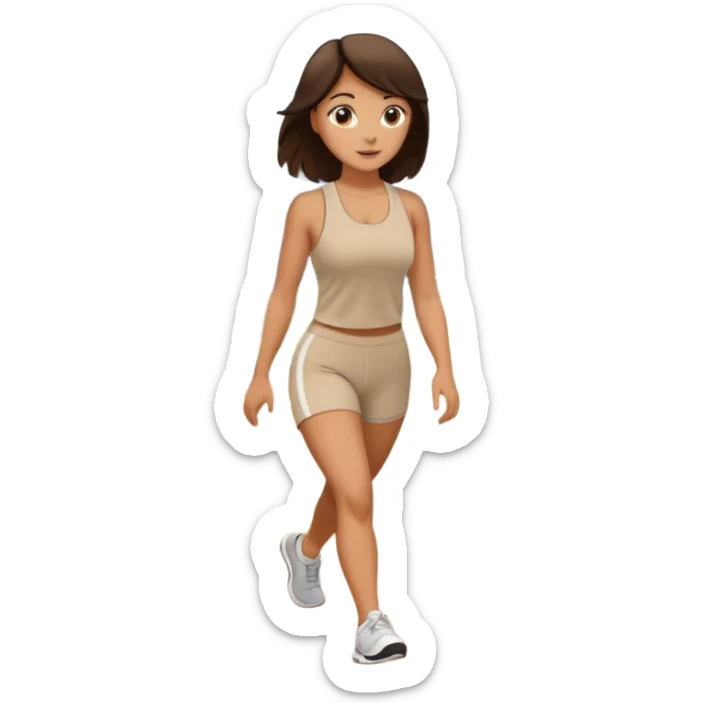 Brunette walking in scenic route in beige gym wear sticker