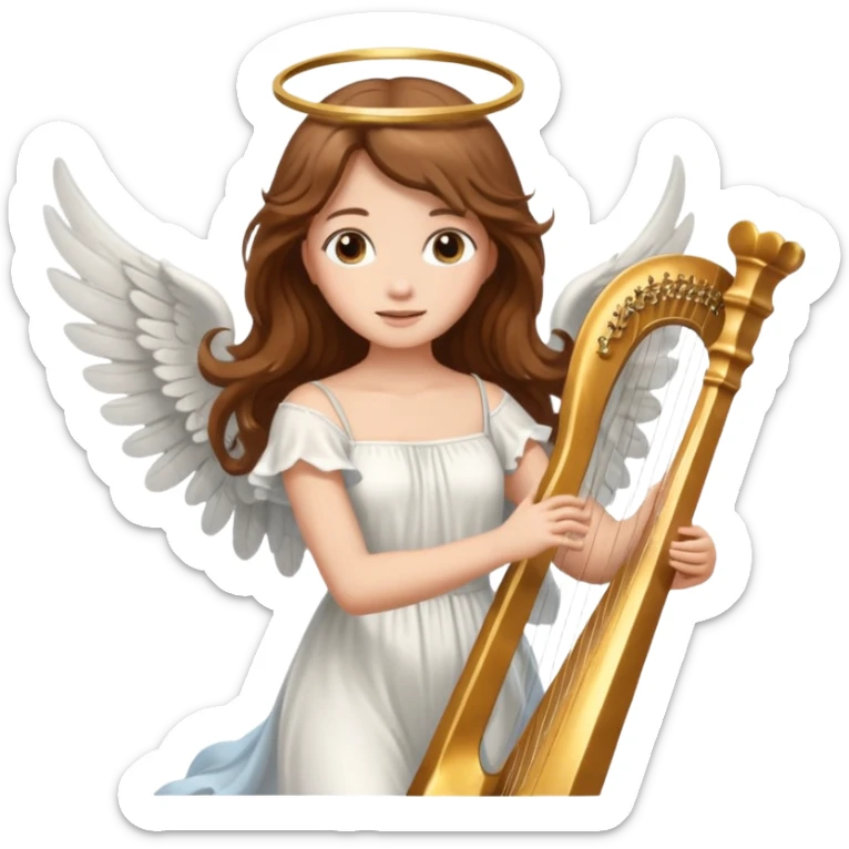Female angel holding harp with flowing brown hair sticker