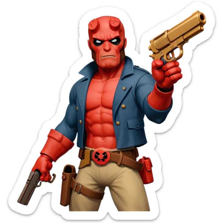 cinematic realistic superhero Hellboy by Mike Mignola jumps with a bronze pistol sticker