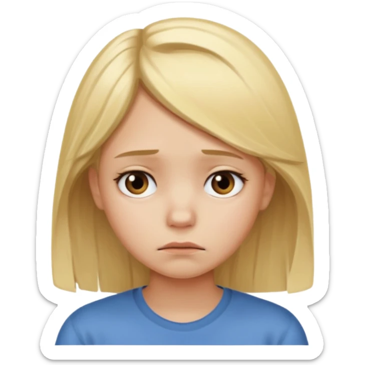 Young girl with blonde hair and a sad, discouraged face sticker
